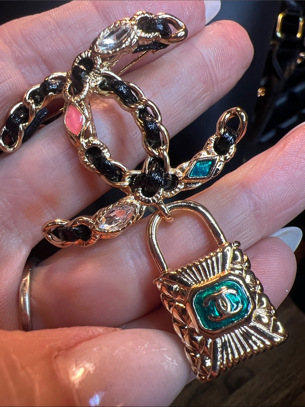 Gold and Black Padlock Charm Brooch with Teal Accent